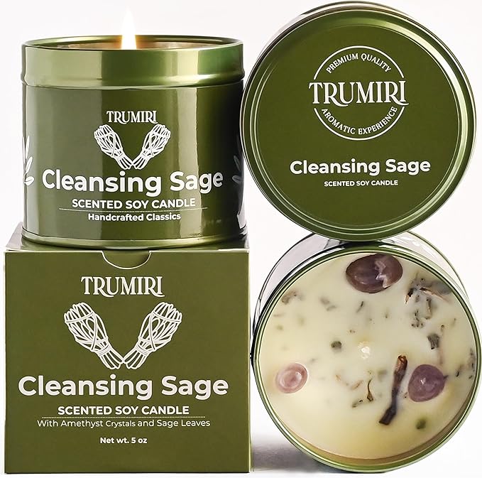 Sage Candle for Cleansing House Negative Energy Smudge Kit - 5oz Soy Wax Natural Clean Organic Non Toxic - Aromatherapy Sp...