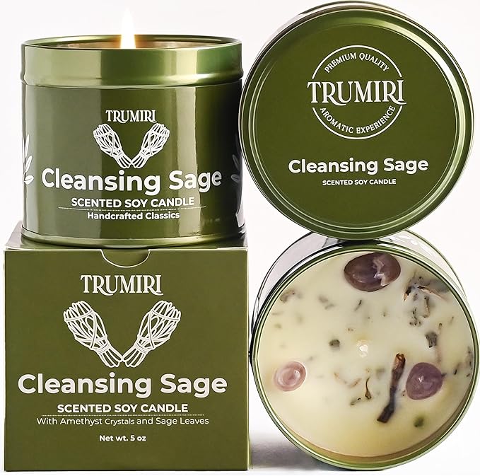 Sage Candle for Cleansing House Negative Energy Smudge Kit - 5oz Soy Wax Natural Clean Organic Non Toxic - Aromatherapy Sp...