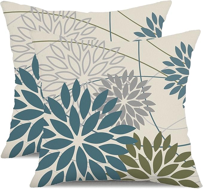 Blue Army Green Outdoor Pillow Covers Set of 2 18X18 Inch Teal Floral Elegant Polyester Flower Pillow Case Outdoor Waterpr...