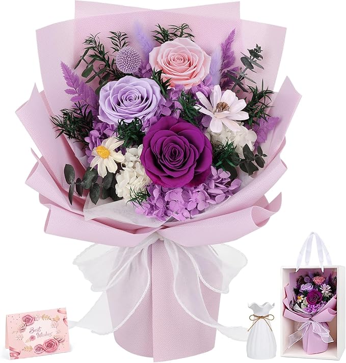 Flowers for Delivery Prime Preserved Flowers Bouquet with Vase That Last 3-5 Years Real Forever Flowers Purple Rose Bouque...
