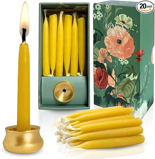 20 Minute Beeswax Meditation Candles – Set of 20 Mini Taper Candles with Brass Candle Holders, Dripless & Smokeless – Ritu...