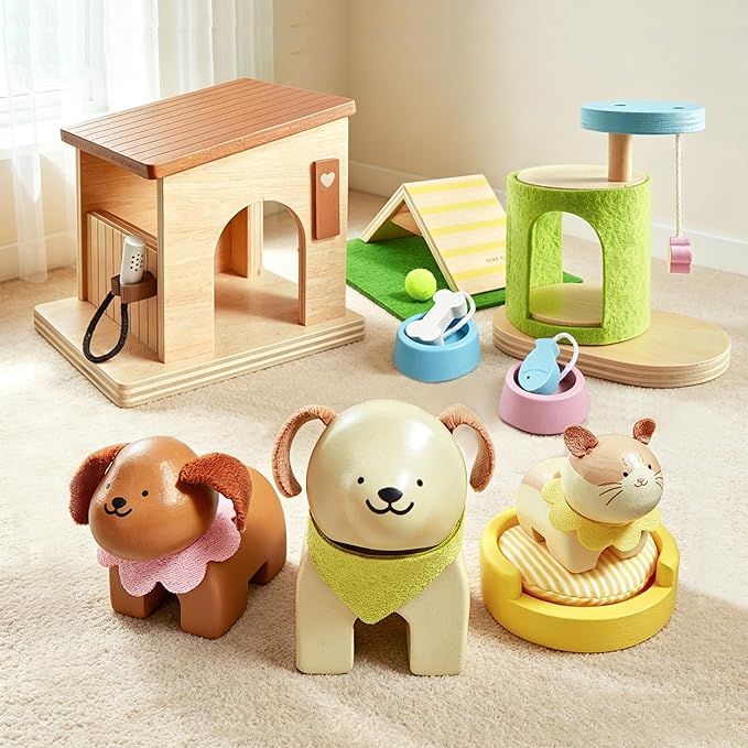 Tiny Land Wooden Dollhouse Animal Set for Toddlers, Dollhouse Accessories & Dolls House Furniture Sets for Toddlers, Monte...