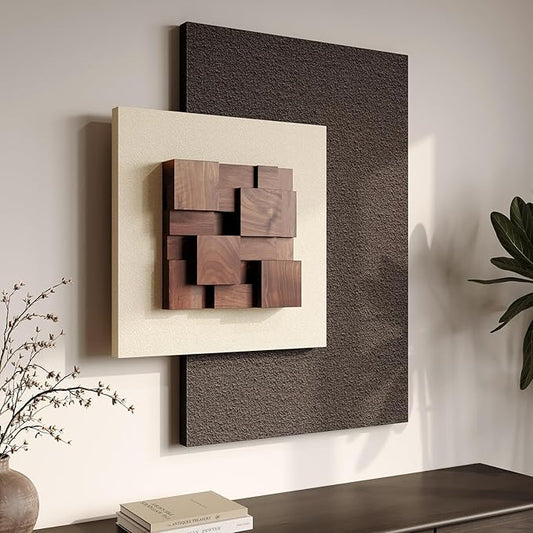 3D Wood Textured Large Neutral Abstract Wall Art, Modern Beige Brown Geometric Paintings Artwork for Walls-Minimalist Wood...