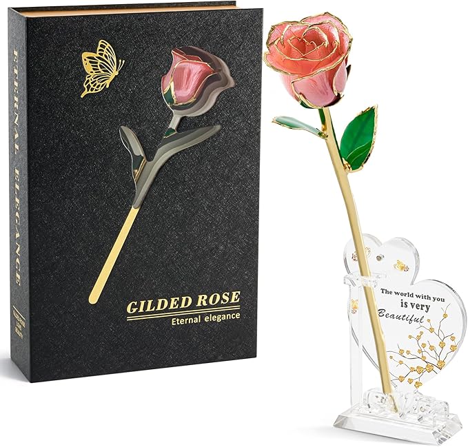 CIAPSK 24K Gold Dipped Rose Gift Set – Luxury Eternal Rose with Interlocking Acrylic Butterfly Display Base & Premium Boo...