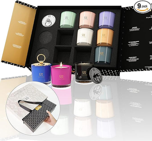 ESNA HOME Mega Luxury Aromatherapy Scented Soy Candle Gift Set, 9 Votive Archive Candle Set with Fabric Ribbon Handles - D...