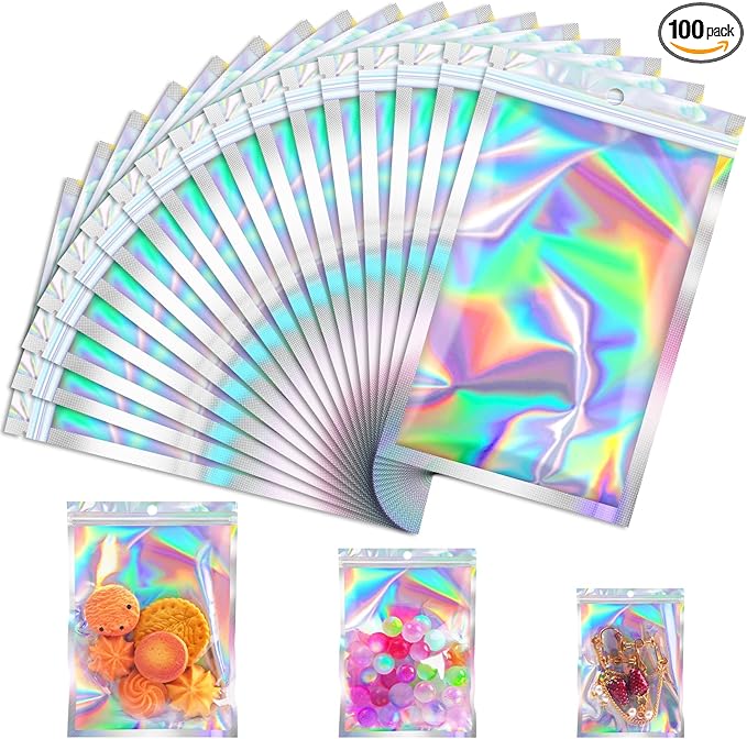 JETMORE 100 Pcs Holographic Mylar Bags, Smell Proof & Resealable Bag for Small Business, Foil Freshie Bags for Treat,Jewel...