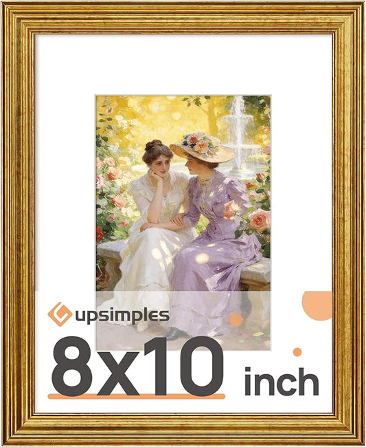 upsimples Vintage 8x10 Picture Frame, Antique Gold Frames Display 5x7 with Mat or 8 x 10 Without for Wall or Tabletop Deco...