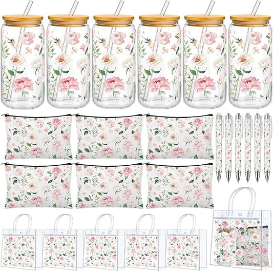 LemonRoad 24 Pcs Bulk Gifts Sets, Pink Floral PVC Transparent Bag 16 oz Glass Cups with Lids and Straws Cosmetic Bag Flowe...