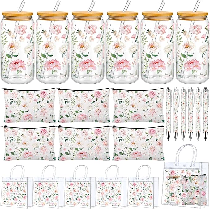 LemonRoad 24 Pcs Bulk Gifts Sets, Pink Floral PVC Transparent Bag 16 oz Glass Cups with Lids and Straws Cosmetic Bag Flowe...
