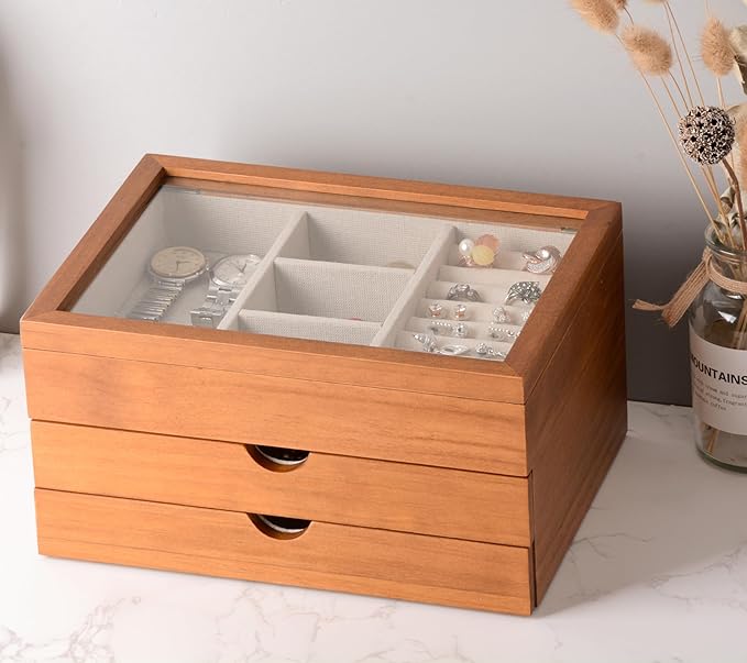 Clasin Home Jewelry Box with Glass Lid, 3 Layer Jewelry Organizer for Women, Solid Wooden Jewelry Box Display for Ring Ear...