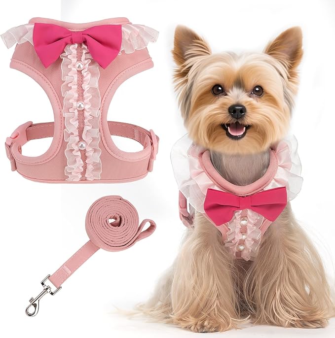 EXPAWLORER Cute Dog Harness, Pink Girl Adjustable No Pull Vest Harness and Leash Set, Soft Padded Step in Wedding Attire S...
