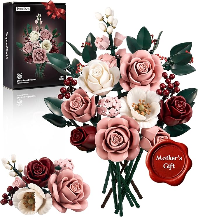 iATOM Pink Roses Flower Bouquet Building Set, Artificial Flowers Botanical Collection Kit for Adults Women & Men - Gift fo...