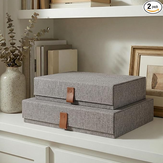 Decorative Photo Storage Boxes with Lids - Set of 2 Beautiful Linen Organizers Are Perfect to Safely Store Your Pictures, ...