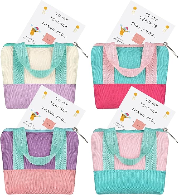 4 Sets Teacher Appreciation Gift Bags Mini Canvas Tote Bags Card Holder Mini Coin Purses with Thank You Cards for Women Ba...