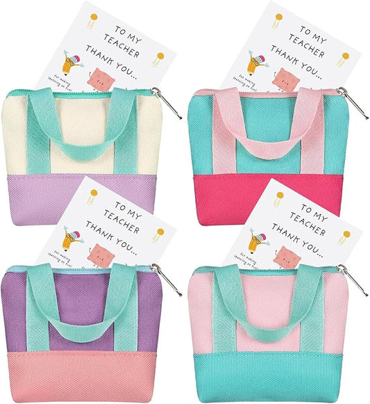 4 Sets Teacher Appreciation Gift Bags Mini Canvas Tote Bags Card Holder Mini Coin Purses with Thank You Cards for Women Ba...