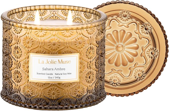LA JOLIE MUSE Sahara Amber Candle – Bergamot, Clove & Amber | 12 oz Large 2-Wick Soy Wax Candle | 60 Hours Clean Burn | Gi...