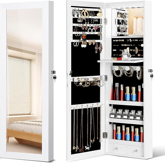 JOYUSAEN Mirror Jewelry Cabinet, Wall/Door Mounted Jewelry Armoire with Full-Length Mirror, Hanging Jewelry Organizer with...