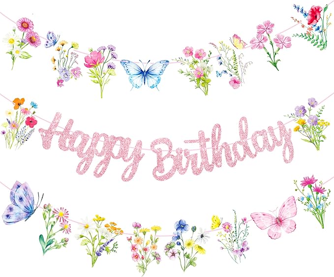 Wildflowers Happy Birthday Banners 3Pcs Pink Butterfly Theme Party Decorations for Women Girl Spring Birthday Baby Shower ...