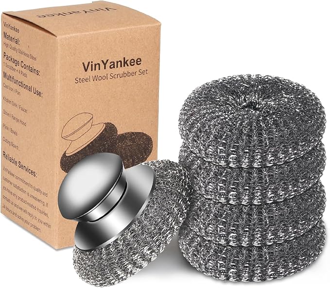 5Pcs Steel Wool Scrubber with Replacement Wire Sponge Pads Set, Stainless Steel Scrubber with Handle for Scouring Stubborn...