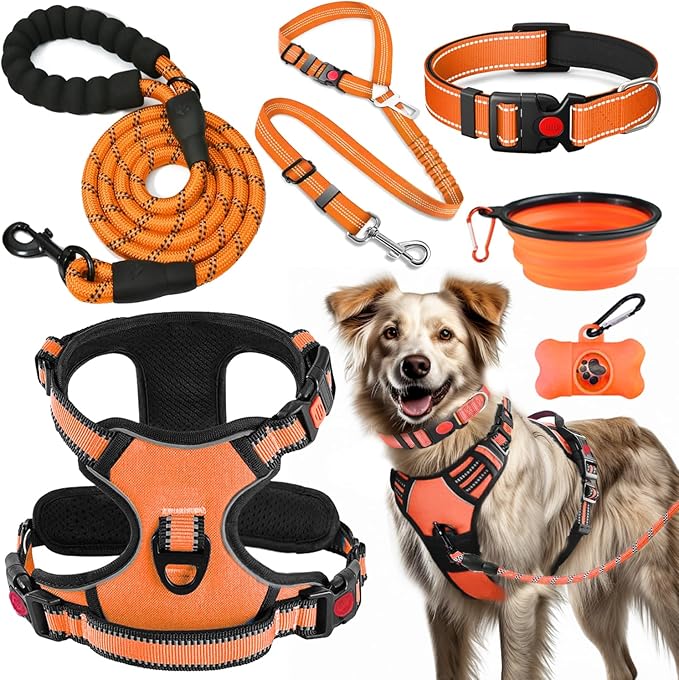 LOBEVE No Pull Dog Harness, Collar & Leash Set | Includes Dog Seat Belt, Collapsible Bowls & Poop Bag Dispenser. Ideal for...