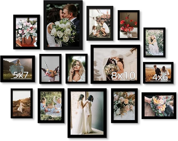 BESCRCL 15 Pack Real Glass Picture Frames Collage Wall Decor, Including 3pcs 8x10, 6pcs 5x7, 6pcs 4x6 Photo Frames for Gal...