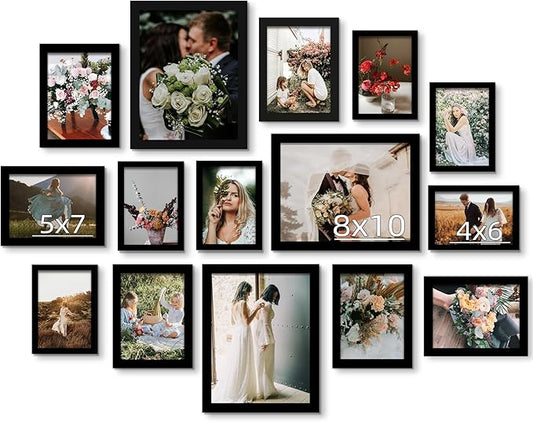 BESCRCL 15 Pack Real Glass Picture Frames Collage Wall Decor, Including 3pcs 8x10, 6pcs 5x7, 6pcs 4x6 Photo Frames for Gal...