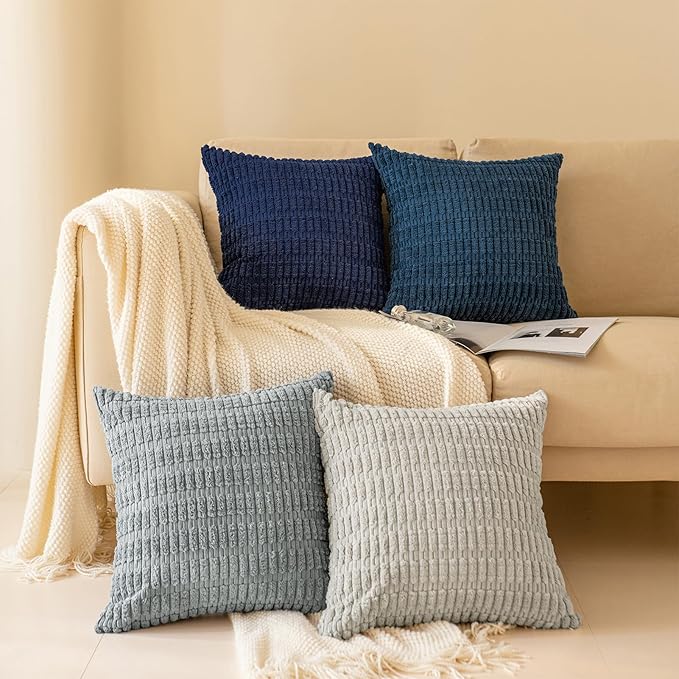 Softalker Throw Pillow Covers 18x18 Inch, Set of 4, Corduroy Soft Striped Farmhouse Boho Pillow Cover, Modern Decorative C...