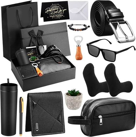 Skylety 13 Pcs Birthdays Gifts Baskets for Men Father Gift for Men Birthdays Gift Box 16 oz Tumblers Wallet Toiletry Bag S...