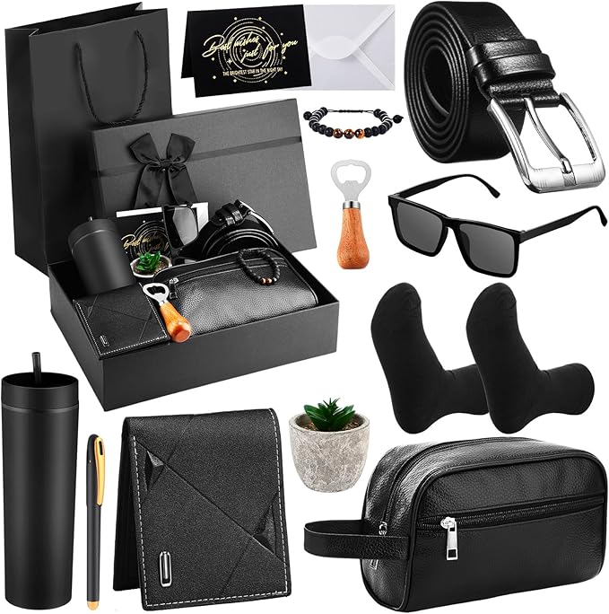 Skylety 13 Pcs Birthdays Gifts Baskets for Men Father Gift for Men Birthdays Gift Box 16 oz Tumblers Wallet Toiletry Bag S...