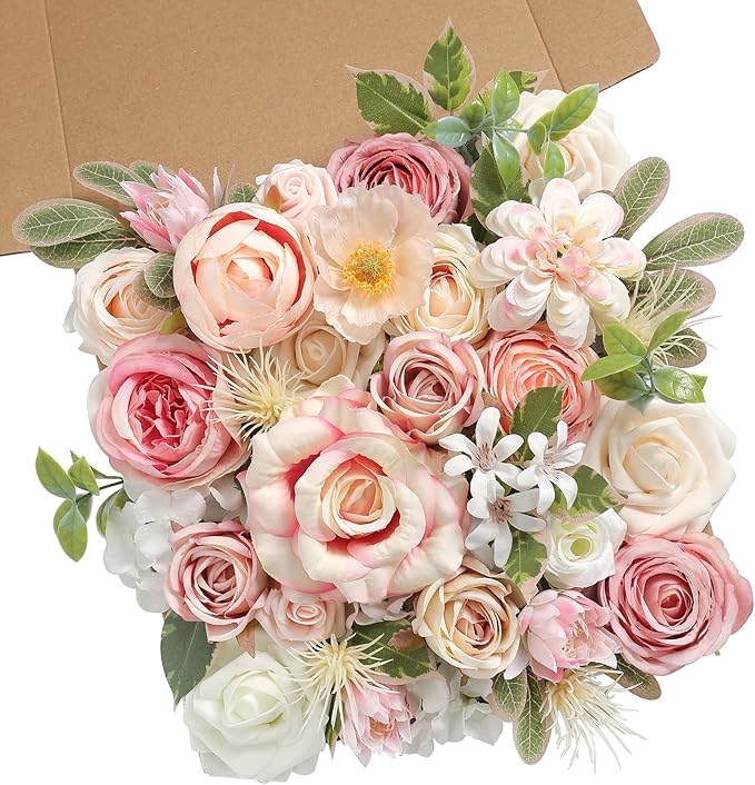 rongflower Pink Artificial Flowers Combo Set Fake Flower Leaf Box with Stemst for DIY Wedding Bridal Bouquet, Centerpiece...
