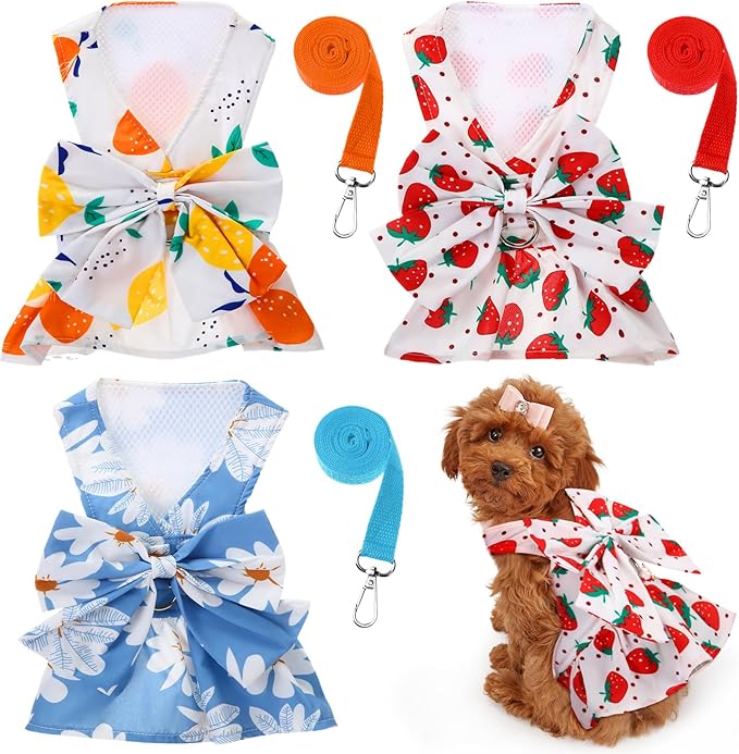 Bulyoou 3 Pieces Dog Harness Dress and Leash Set Cute Female Dog Dresses Assorted Styles Puppy Clothes Breathable Polyeste...