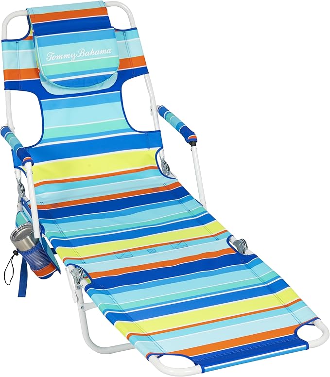 Tommy Bahama Read Through Backpack Beach Lounge Chair with Pillow, Arms, and Cup Holder, Multi-Position Adjustable Folding...