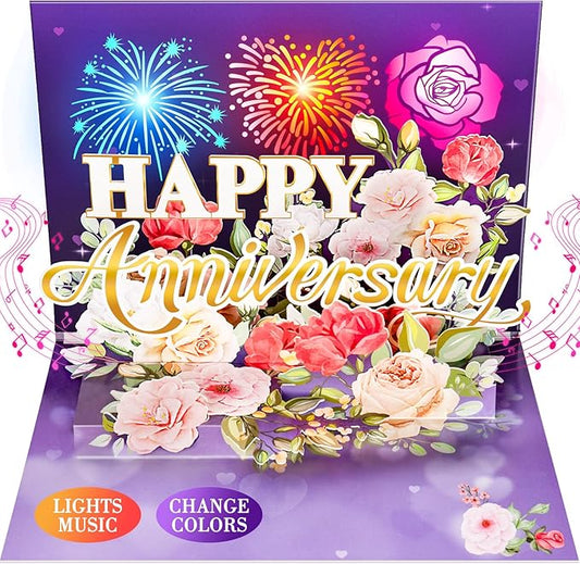 Anniversary Card, Music & Light Pop up Valentine's Card with Fireworks Flowers Gifts for Him Her Husband Wife Couple (Purple)