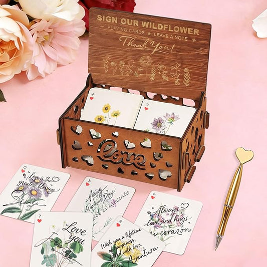 54 PCS Personalized Wedding Guest Book Alternative, Floral Wedding Guest Playing Cards Set with Wooden Openwork Storage Bo...