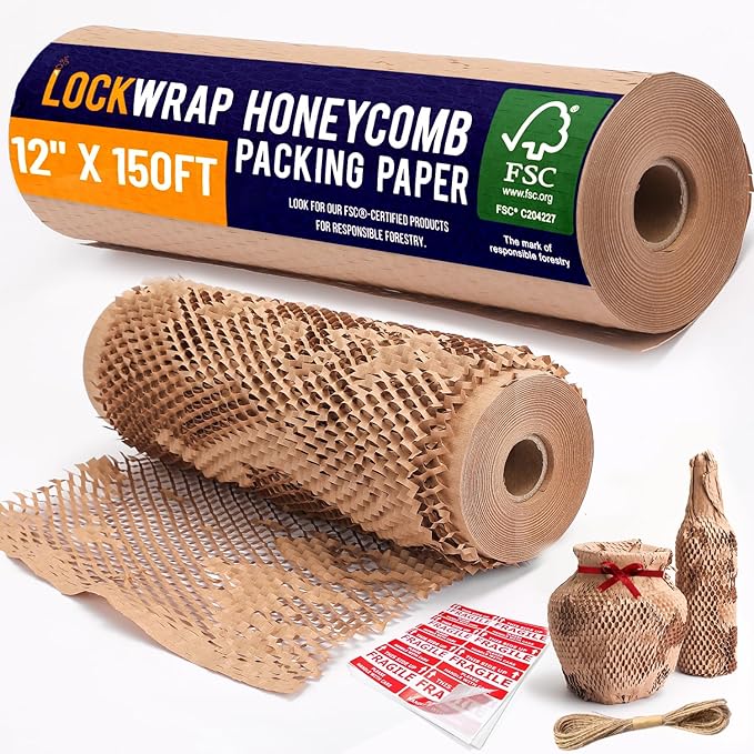 Honeycomb Packing Paper 12" x 150ft with Rope & 20 Fragile Stickers|Shipping & Moving Supplies|Small Business Packaging Su...