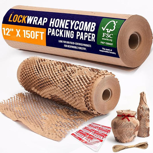 Honeycomb Packing Paper 12" x 150ft with Rope & 20 Fragile Stickers|Shipping & Moving Supplies|Small Business Packaging Su...
