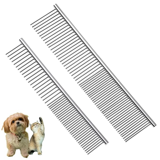 Flezoo 2PCS Dog and Cat Brush, Stainless Steel Pets Grooming Comb Kit, Detangler Deshedding Brush, Metal Knots Hair Remove...