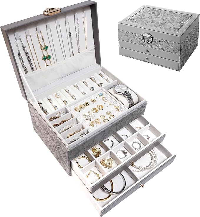 TOFUNTOY Jewelry Organizer Box, Large Jewelry Boxes for Women, 3-Layer Jewelry Holder Organizer for Necklace Earrings Ring...