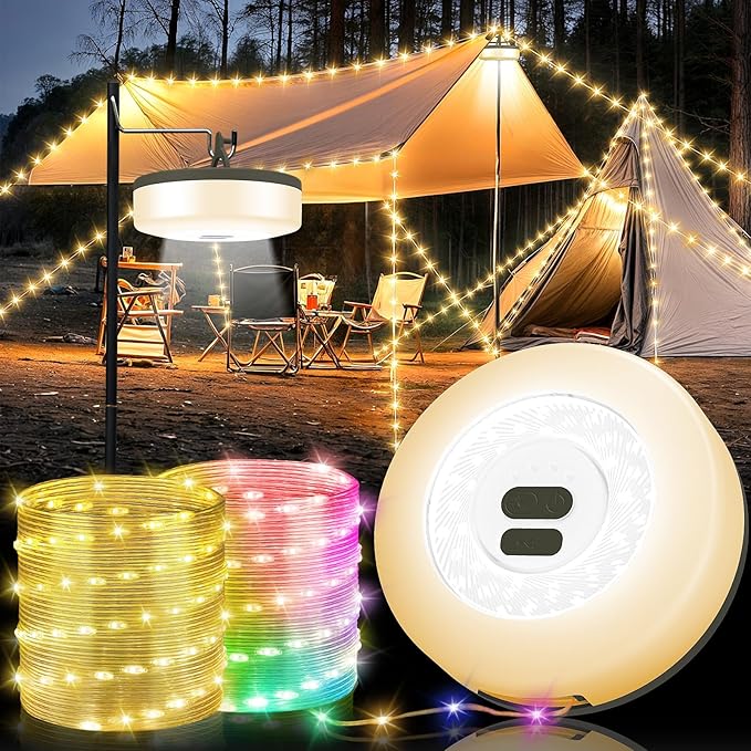Camping String Lights, 4 in 1 Quick Storage 32.8FT Rechargeable Tent Lights with 9 Lighting Modes, Hanging Waterproof Port...