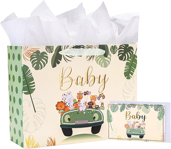 Bobobag 13" Sage green Gift Bag for Baby shower,Newborn gift bag with Tissue Paper and Greeting Card.