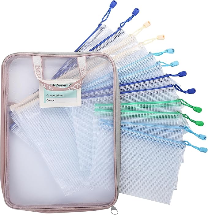 ROYPACK 12-Pack Mesh Zipper Pouch Set with 1 Organizer Bag, 3 Sizes (A4, A5, B6) Clear Waterproof File Bags for Travel Org...