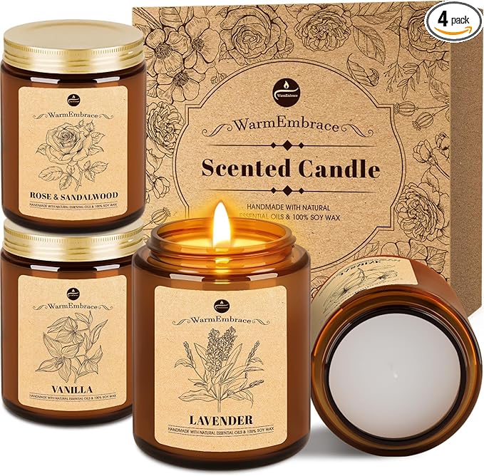 WarmEmbrace Lavender Candles, 4-Pack Scented Candle Set for Women, 7.6 oz Natural Organic Soy Wax in Glass Jar, 160 Hours ...