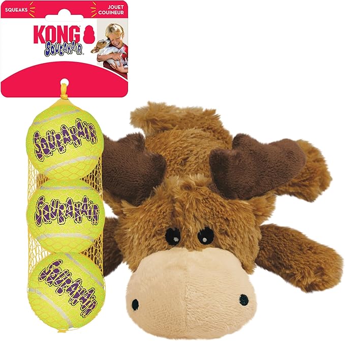 KONG Cozie Marvin Moose & SqueakAir Balls (3 Pack) - Dog Fetch & Chew Toys for Fun - Soft Toy Moose for Indoor Play - Dura...