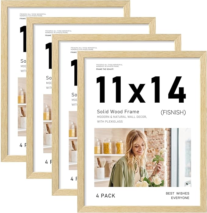 Fisnish 11x14 Picture Frame Set of 4, Natural Solid Wood Picture Frames, Display 11x14 Photos without Mat, Horizontal or V...