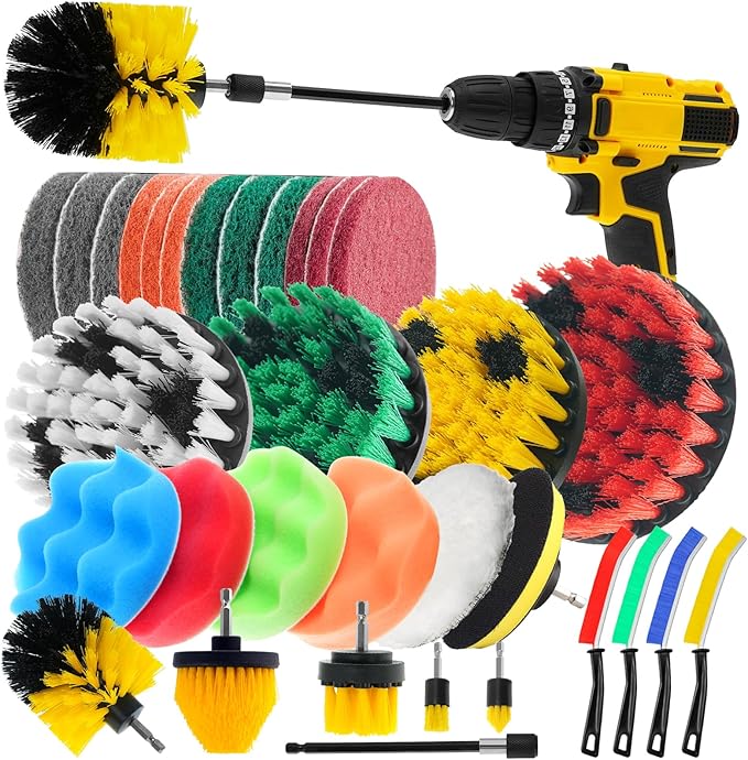 TOWBRUS 32 Pack Drill Brush Attachments Set Scrub Pads Sponge Buffing Pads Crevice Cleaning Brush for Home Bathroom Car Ki...