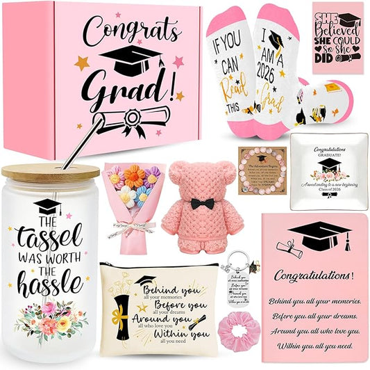 12 Pieces 2026 Graduation Gift Box Set, Class of 2026 Graduation Gift Basket with 16 Oz Glass, Socks, Bear Towel, Journal ...