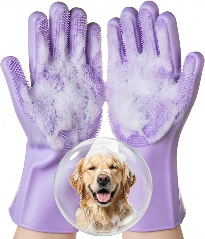 DELOMO Pet Grooming Gloves 1 Pair: Soft and Gentle Silicone Dog Washing Gloves - Bathing Scrubber Brush Mitt Grooming Shed...