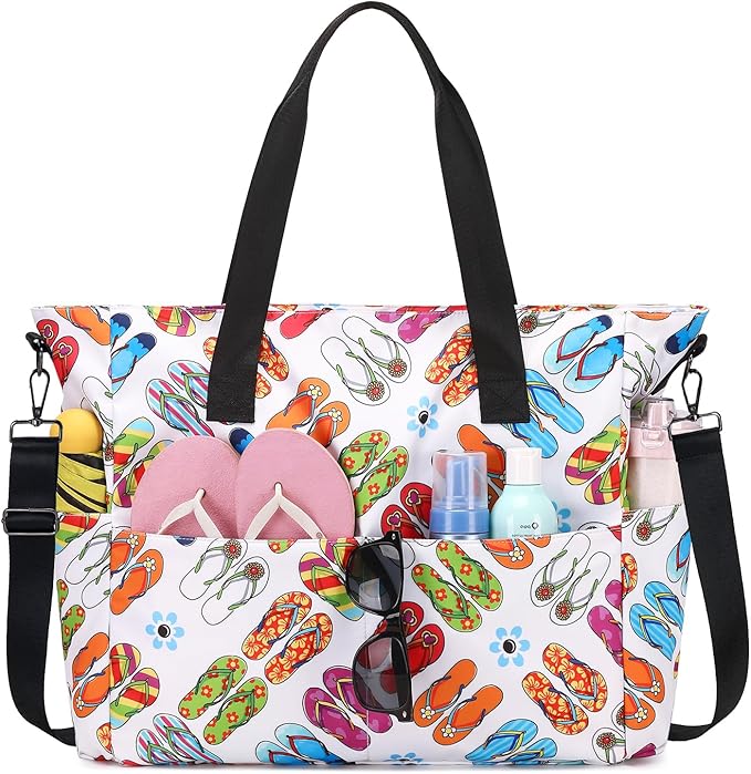 PIG PIG GIRL Beach Bags for Women, Large Waterproof Sandproof Swim Pool Bag with Dry Wet Seperated Pocket Utility Tote Bag