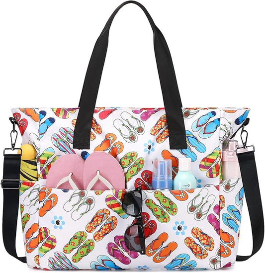 PIG PIG GIRL Beach Bags for Women, Large Waterproof Sandproof Swim Pool Bag with Dry Wet Seperated Pocket Utility Tote Bag