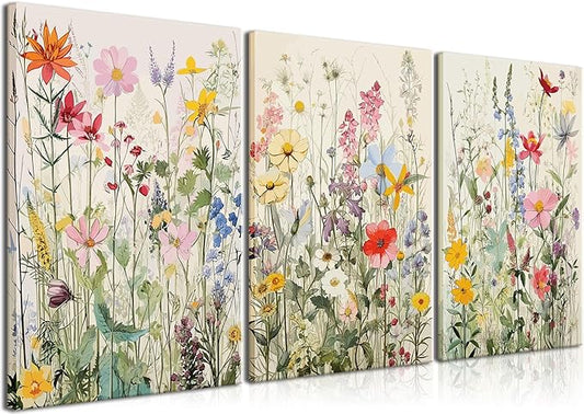 KISSFOX 3 Piece Canvas Wall Art Wildflowers Wall Decor Floral Pictures Botanical Paintings Watercolor Prints Colorful Artw...